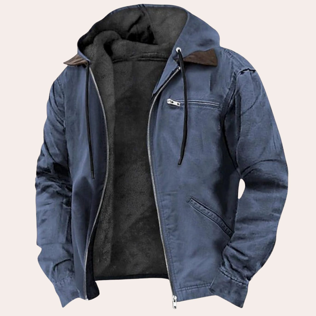 Men's Fleece-Lined Hooded Cotton-Blend Zip-Up Jacket - Blue