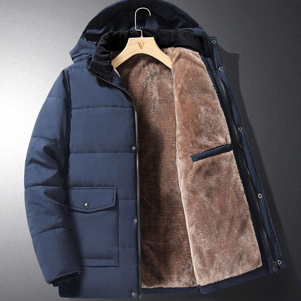 Men's Fleece-Lined Hooded Quilted Winter Puffer Jacket - Blue