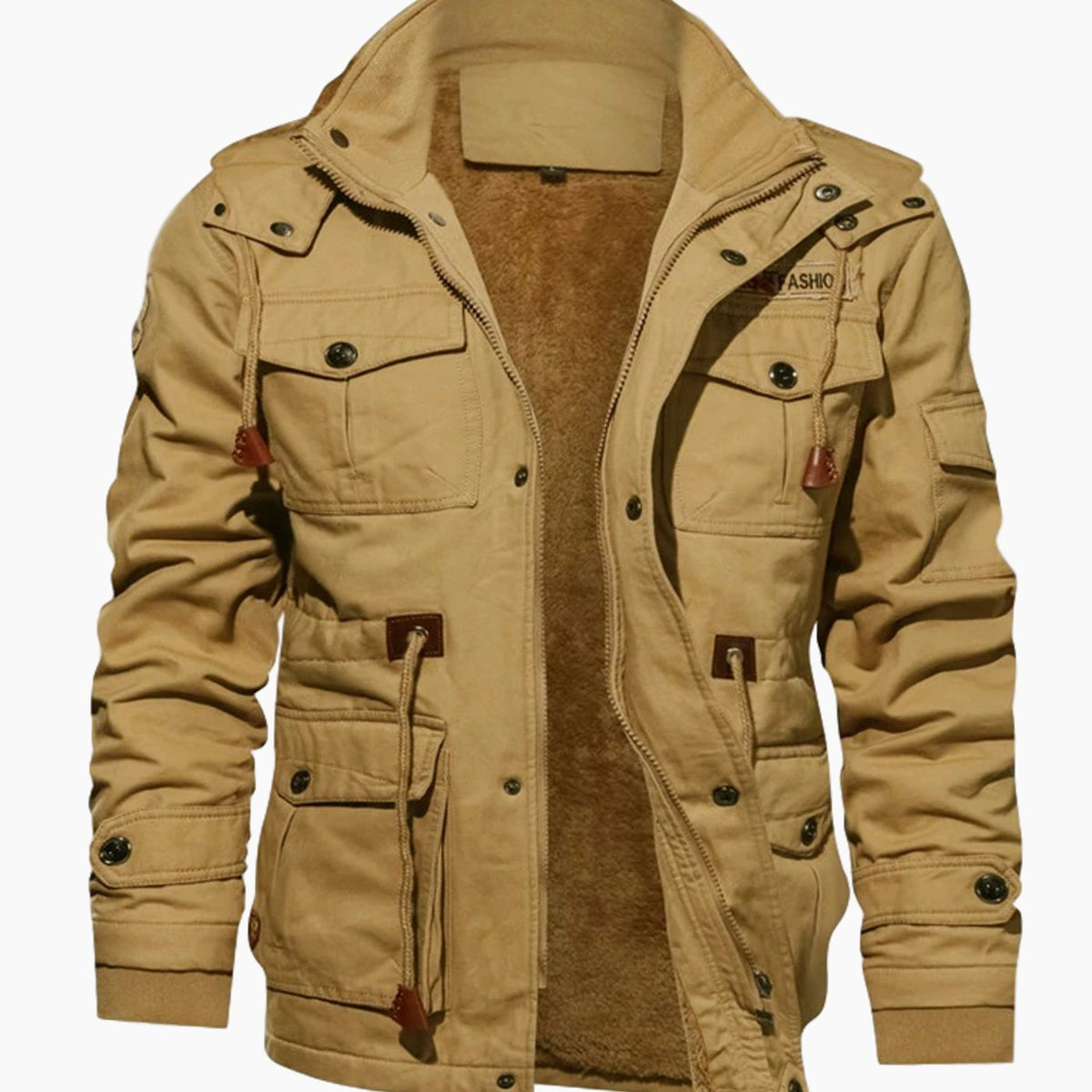 Men's Fleece-Lined Multi-Pocket Hooded Cargo Jacket - Khaki