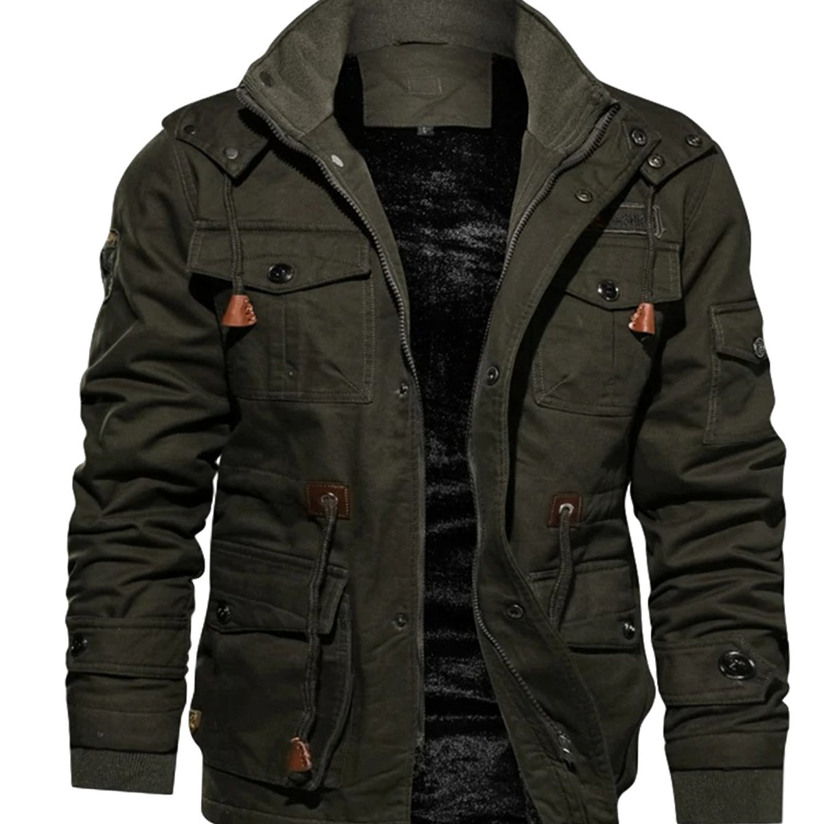 Men's Fleece-Lined Multi-Pocket Hooded Cargo Jacket - Military Green