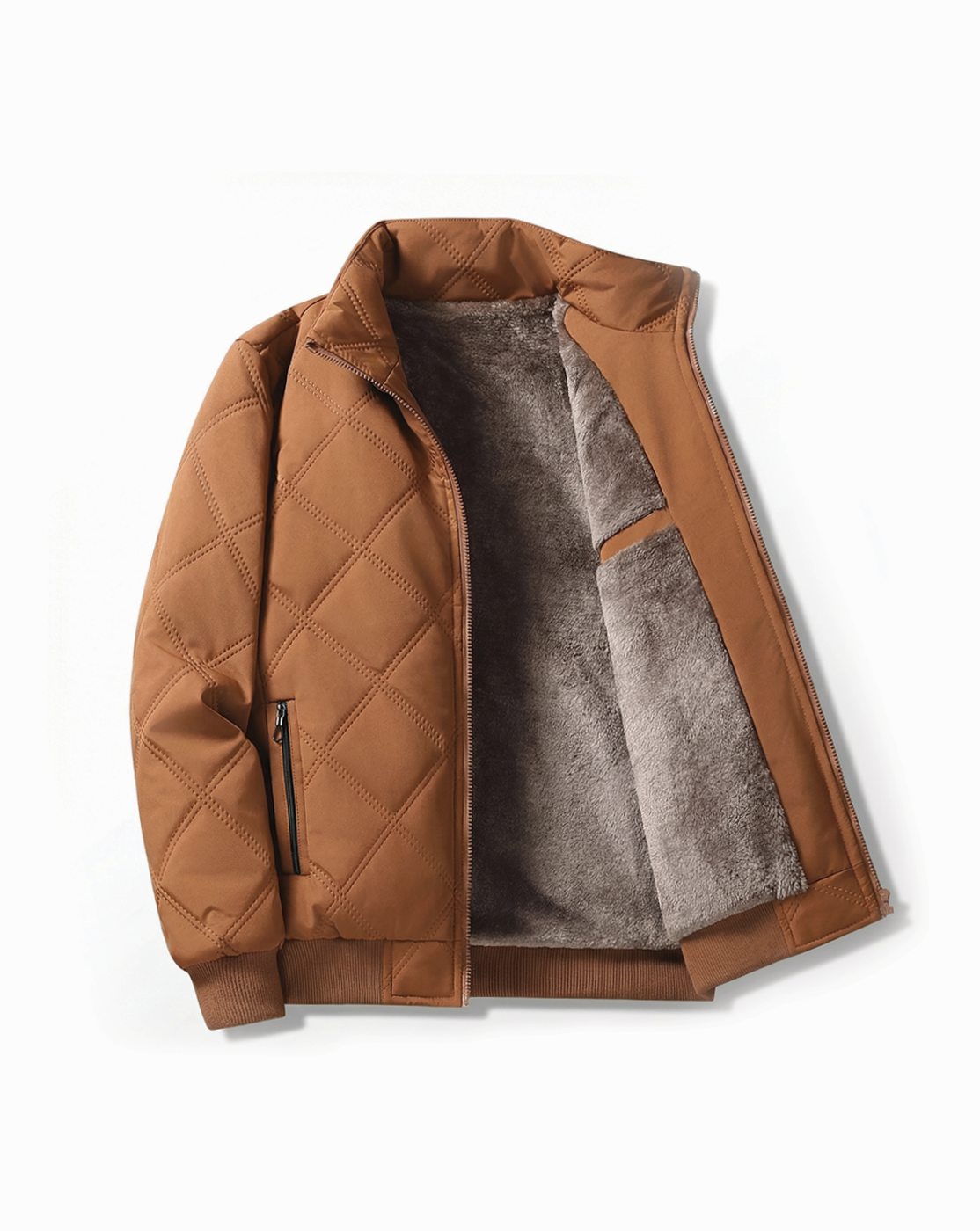 Men's Fleece-Lined Quilted Windproof Stand-Collar Bomber Jacket - Brown