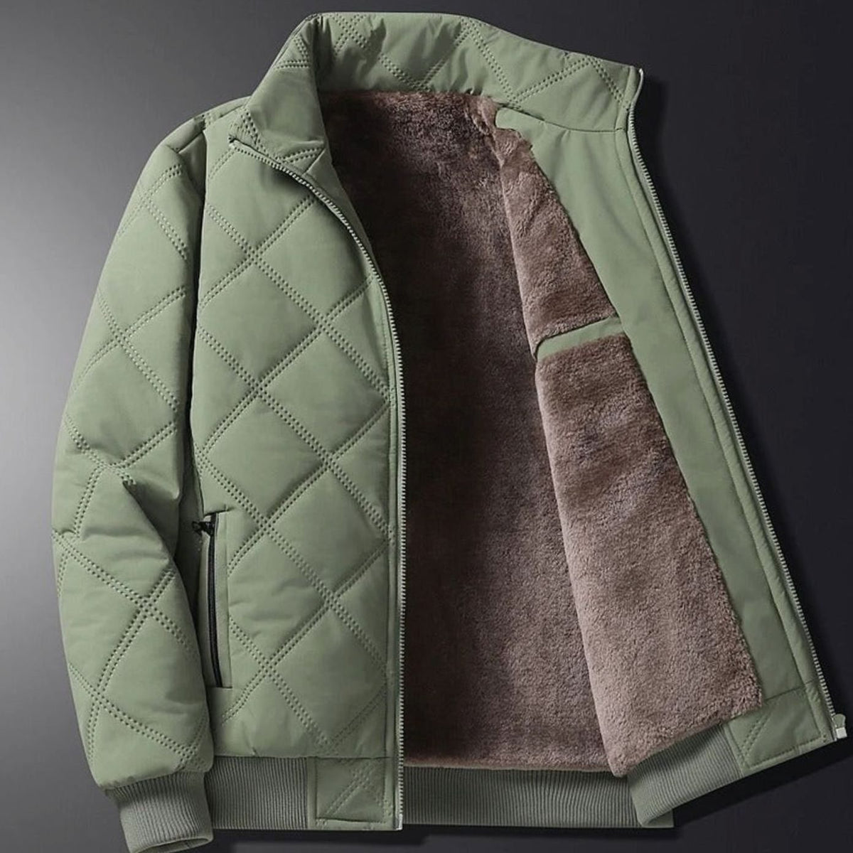 Men's Fleece-Lined Quilted Windproof Stand-Collar Bomber Jacket - Green