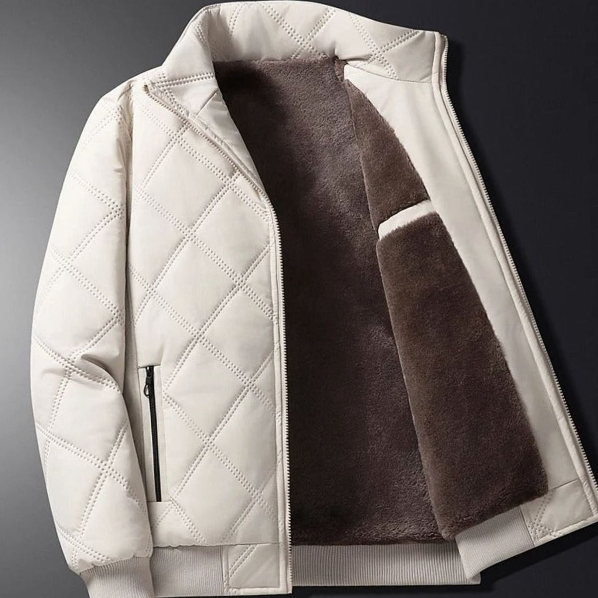 Men's Fleece-Lined Quilted Windproof Stand-Collar Bomber Jacket - White