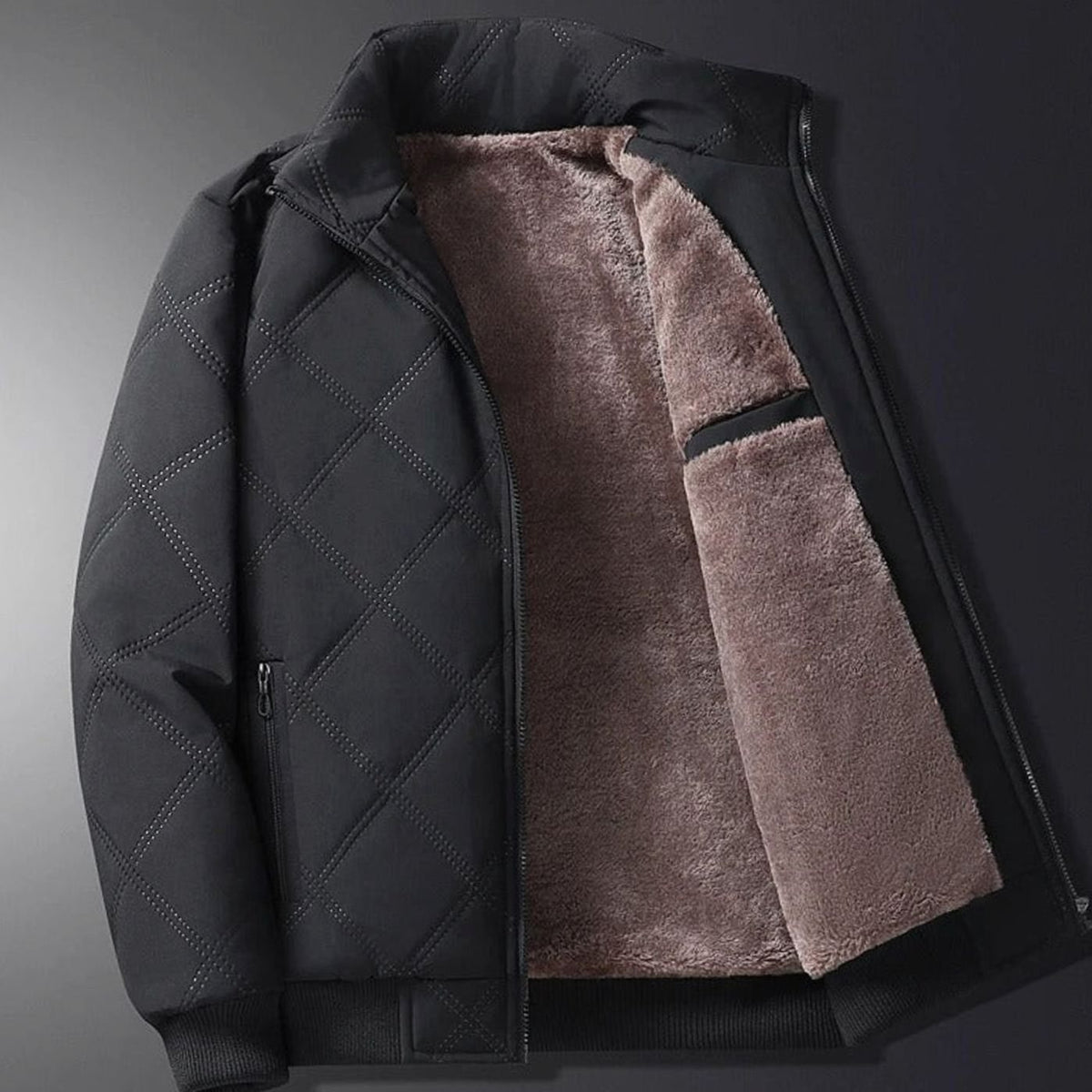 Men's Fleece-Lined Quilted Windproof Stand-Collar Bomber Jacket - Black