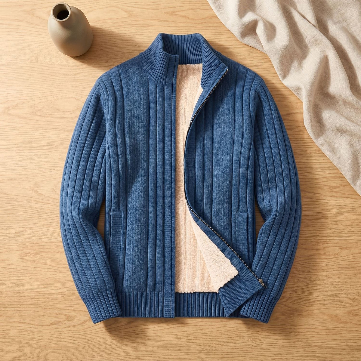 Men's Fleece-Lined Ribbed Knit Full-Zip Cardigan - Blue