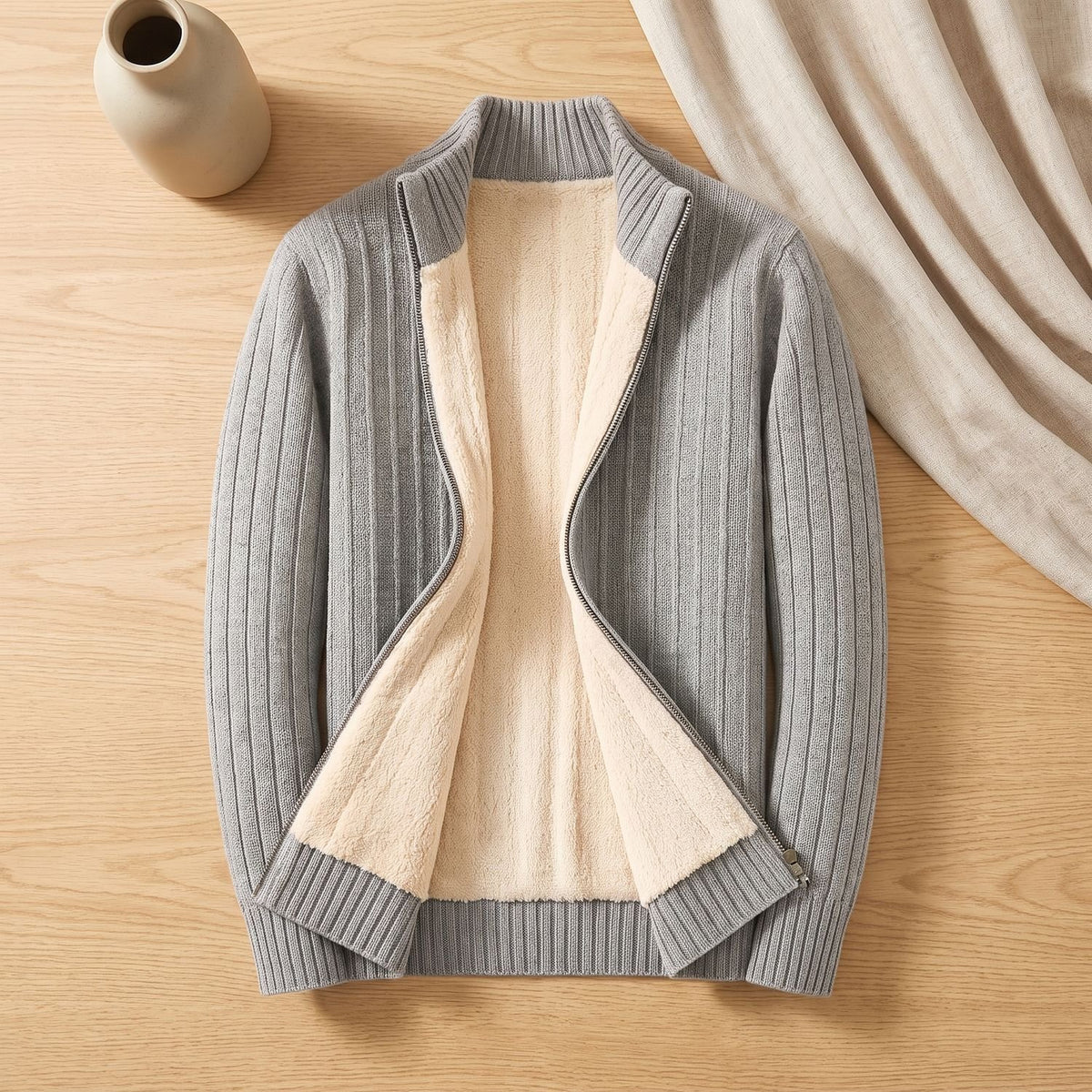 Men's Fleece-Lined Ribbed Knit Full-Zip Cardigan - Light Grey
