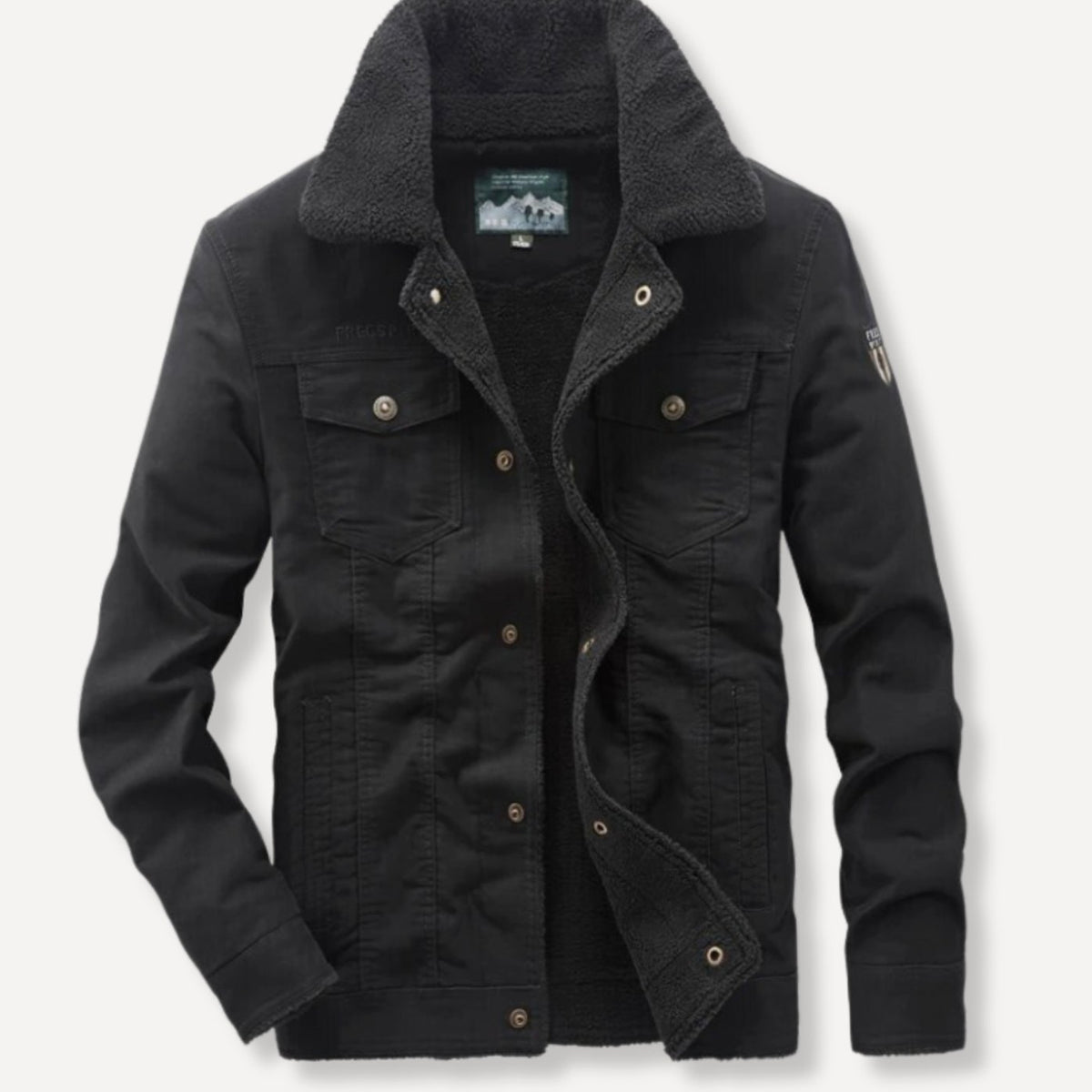 Men's Fleece-Lined Sherpa Collar Cotton Cargo Jacket - Black