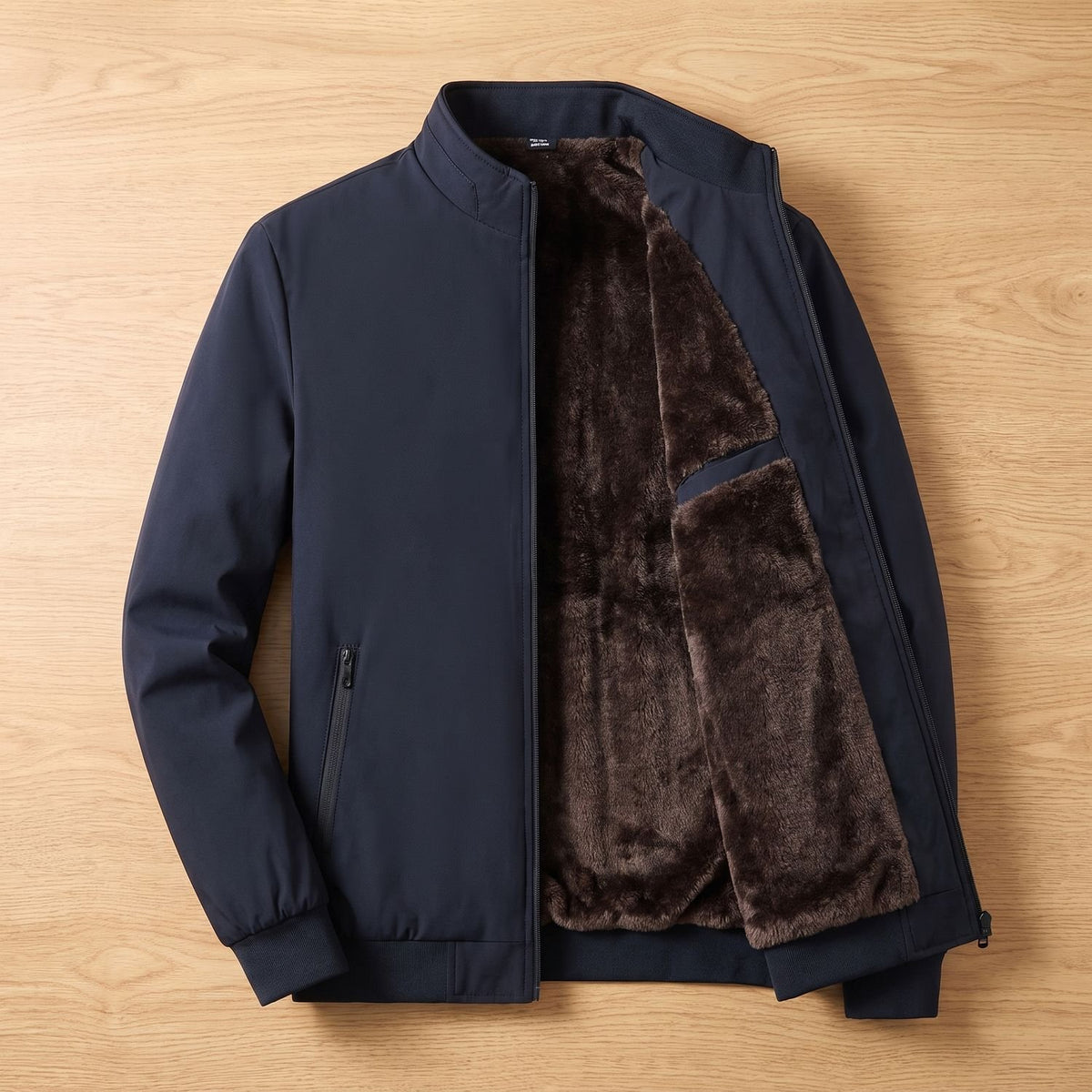 Men's Fleece-Lined Zip-Up Bomber Jacket Stand Collar - Black