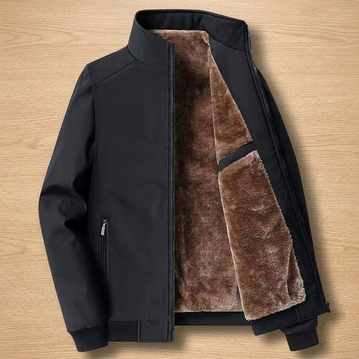 Men's Fleece-Lined Zip-Up Bomber Jacket Stand Collar - Blue