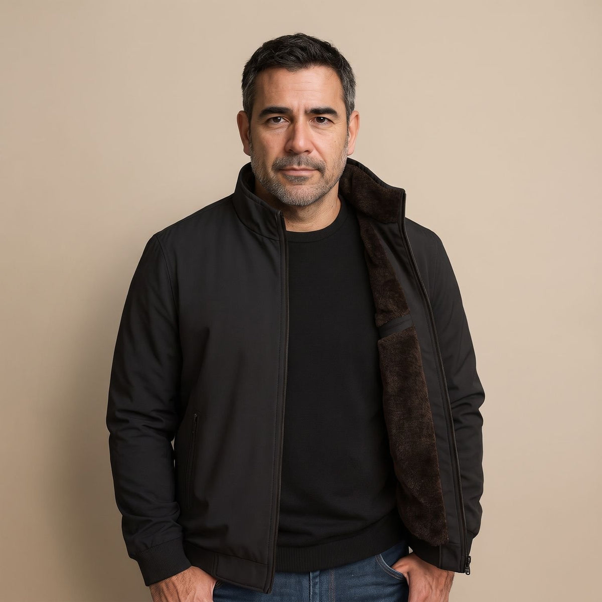 Men's Fleece-Lined Zip-Up Bomber Jacket Stand Collar