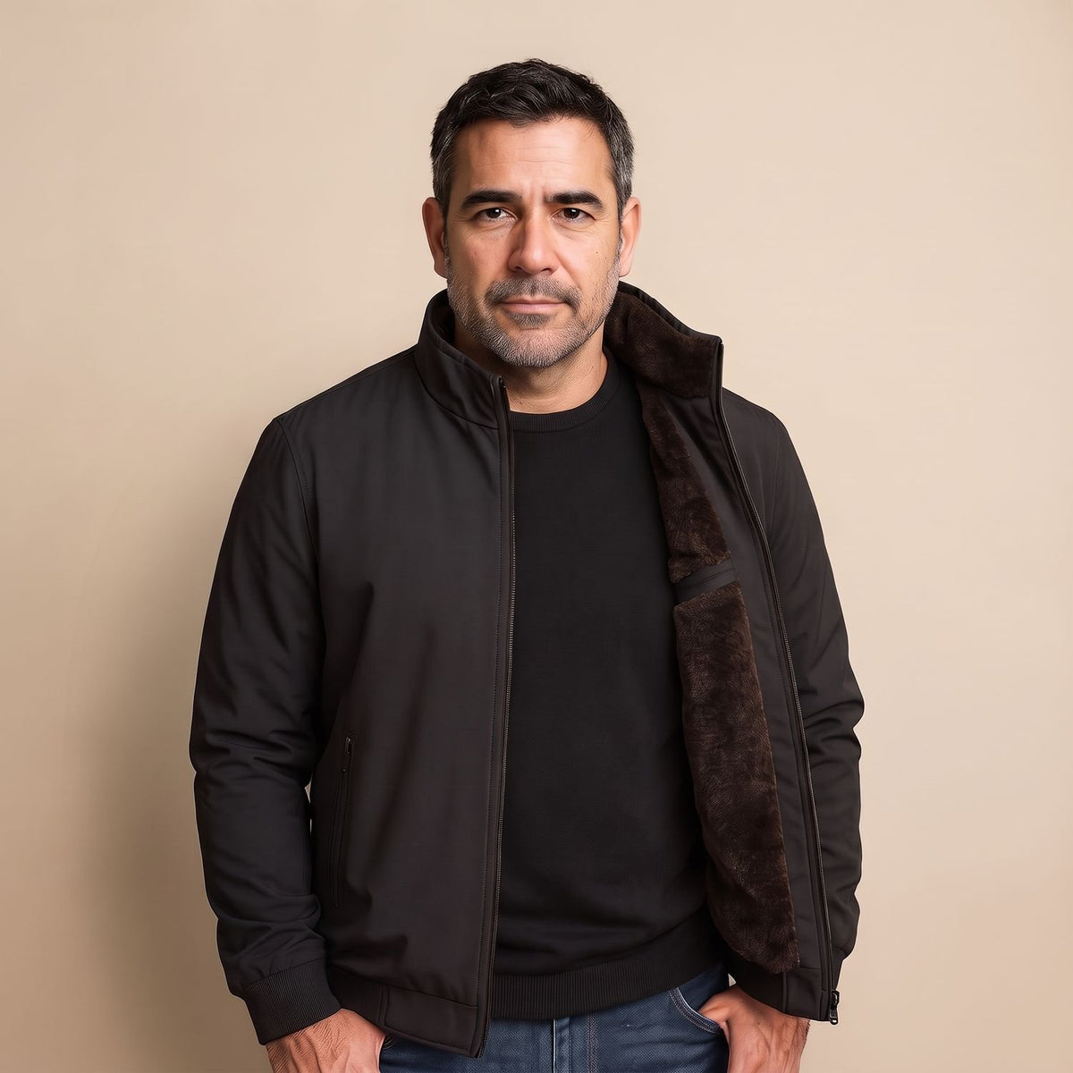 Men's Fleece-Lined Zip-Up Bomber Jacket Stand Collar