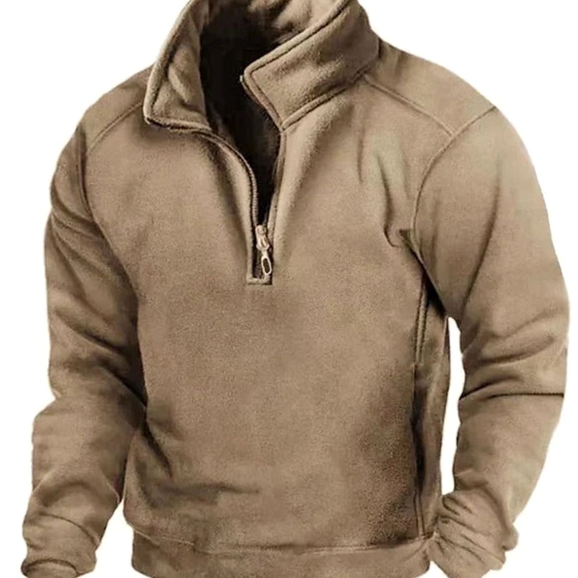 Men's Fleece Quarter-Zip Stand-Collar Pullover Jumper - Khaki