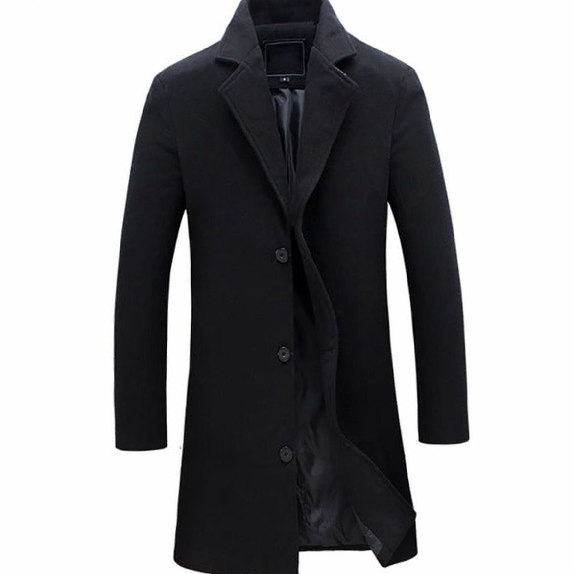 Men's Formal Single-Breasted Long Overcoat Tailored Wool-Look - Black