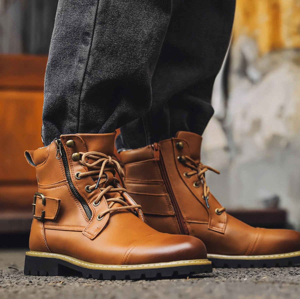 Men's Full-Grain Leather Lace-Up Side-Zip Ankle Boots - Light Brown