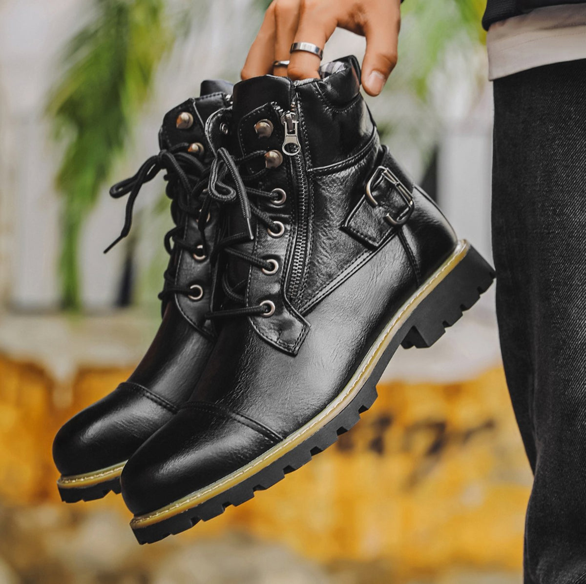 Men's Full-Grain Leather Lace-Up Side-Zip Ankle Boots - Black