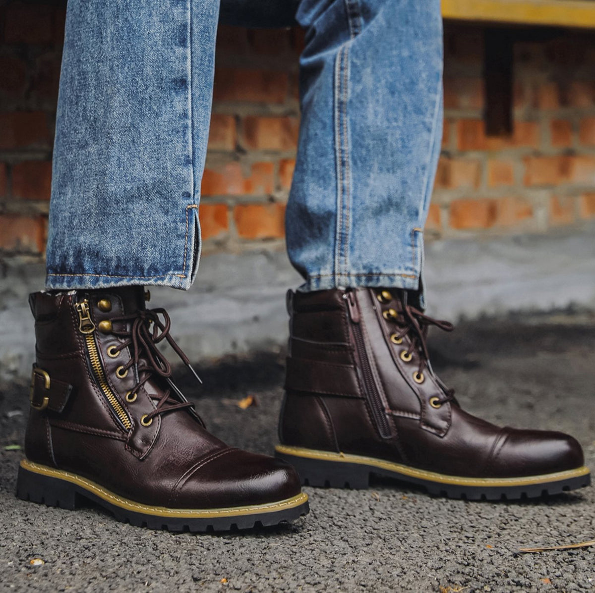 Men's Full-Grain Leather Lace-Up Side-Zip Ankle Boots - Dark Brown