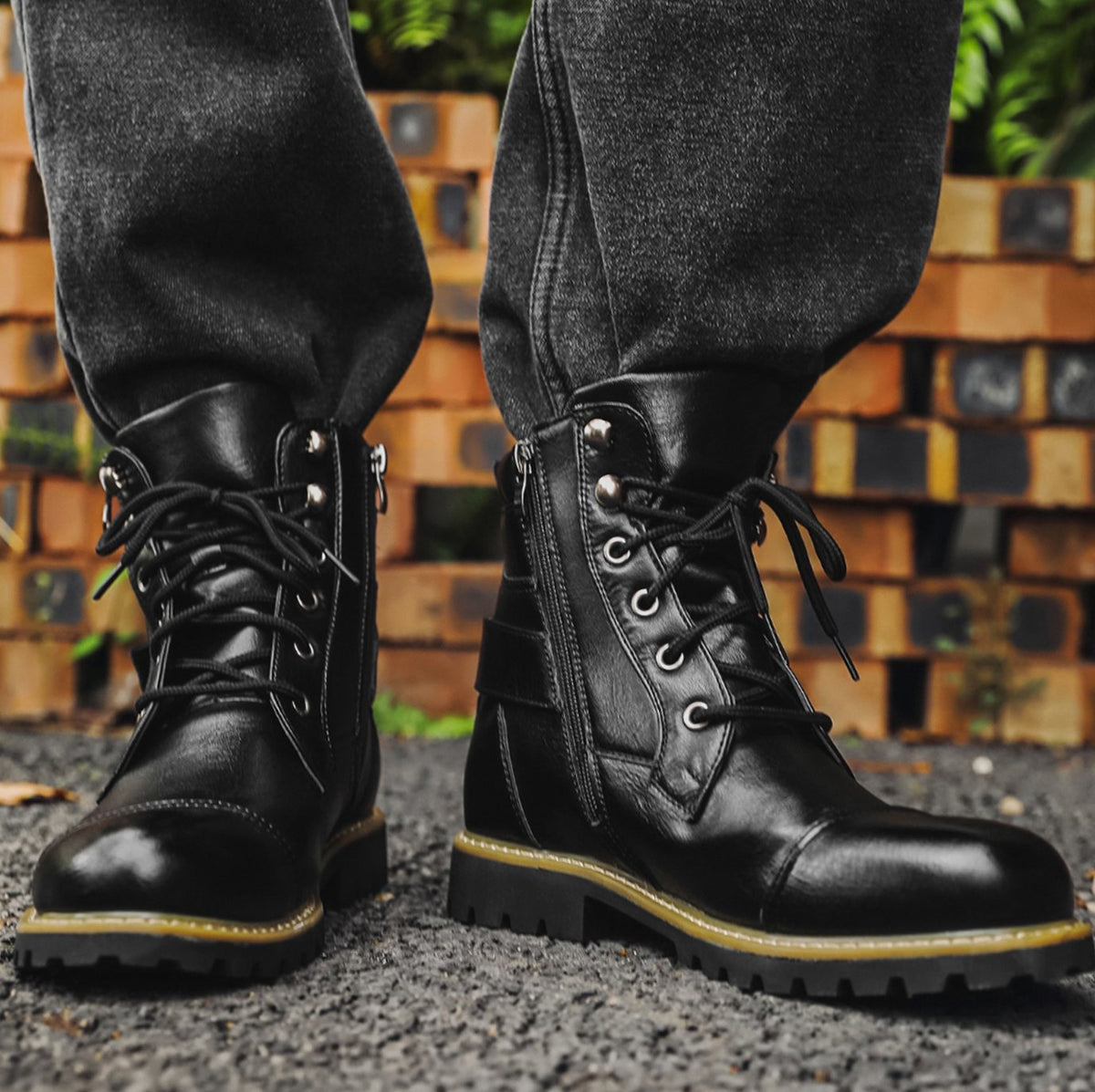 Men's Full-Grain Leather Lace-Up Side-Zip Ankle Boots
