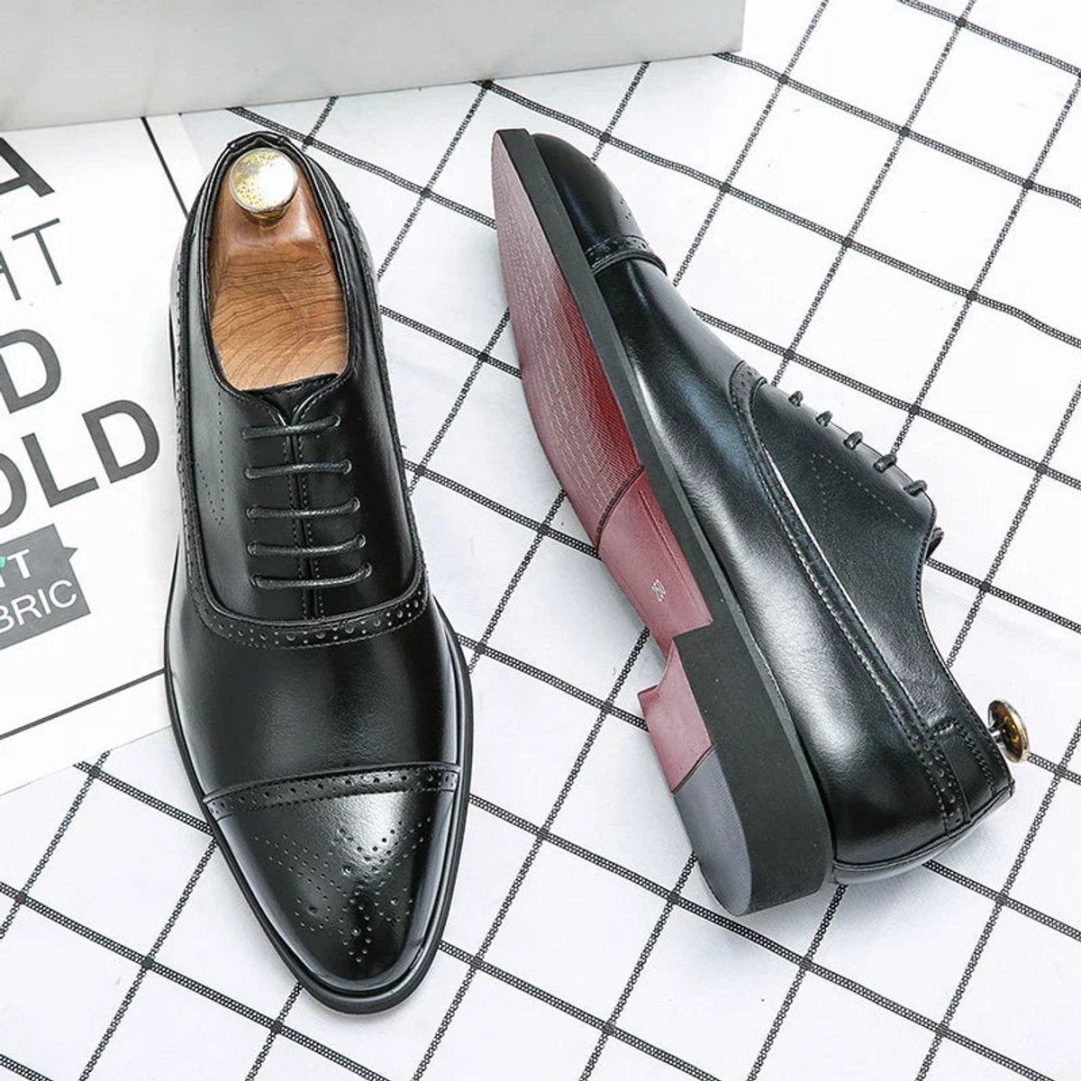 Men's Genuine Leather Cap-Toe Brogue Oxford Dress Shoes - Black