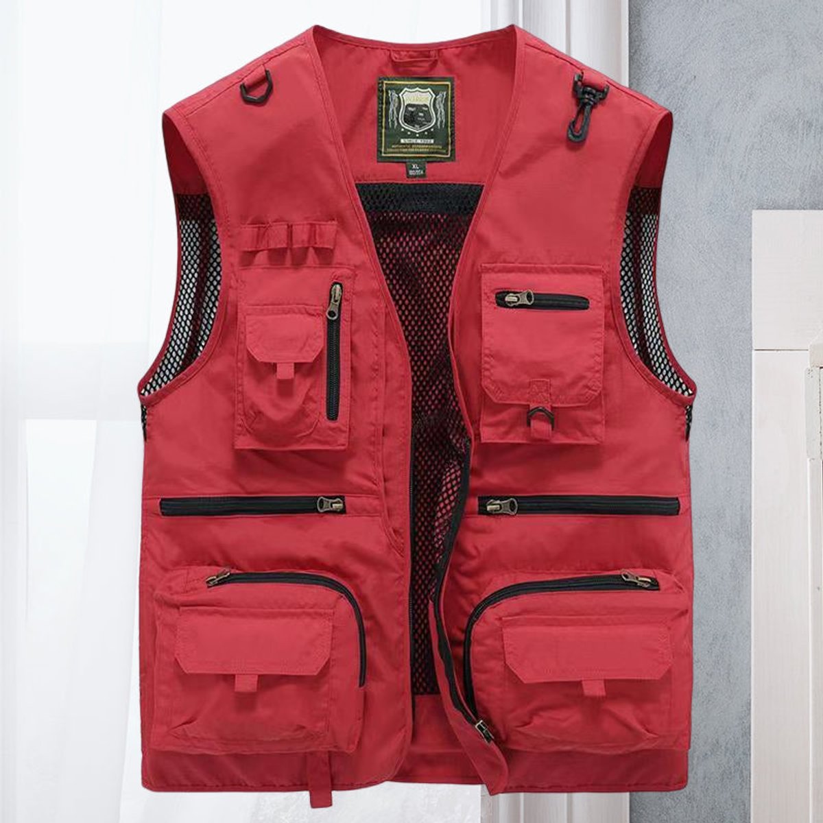 Mens Gilet Multi-Pocket Lightweight Outdoor Zip-Up Vest - Red