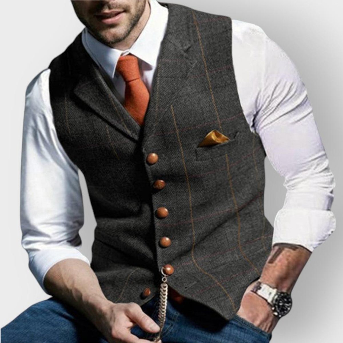 Mens Gilet Slim-Fit Tweed Checked Button-Up Waistcoat - Dark Grey