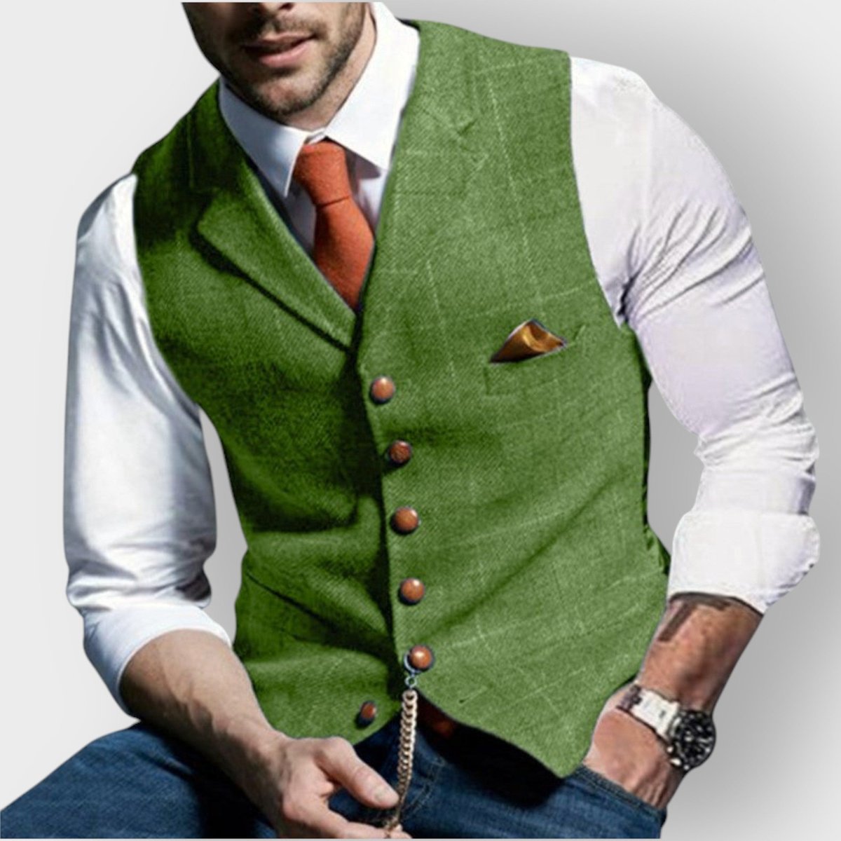 Mens Gilet Slim-Fit Tweed Checked Button-Up Waistcoat - Green