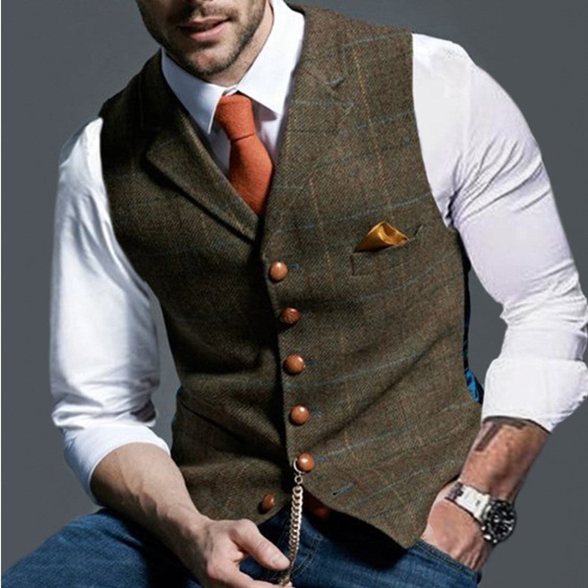 Mens Gilet Slim-Fit Tweed Checked Button-Up Waistcoat - Brown