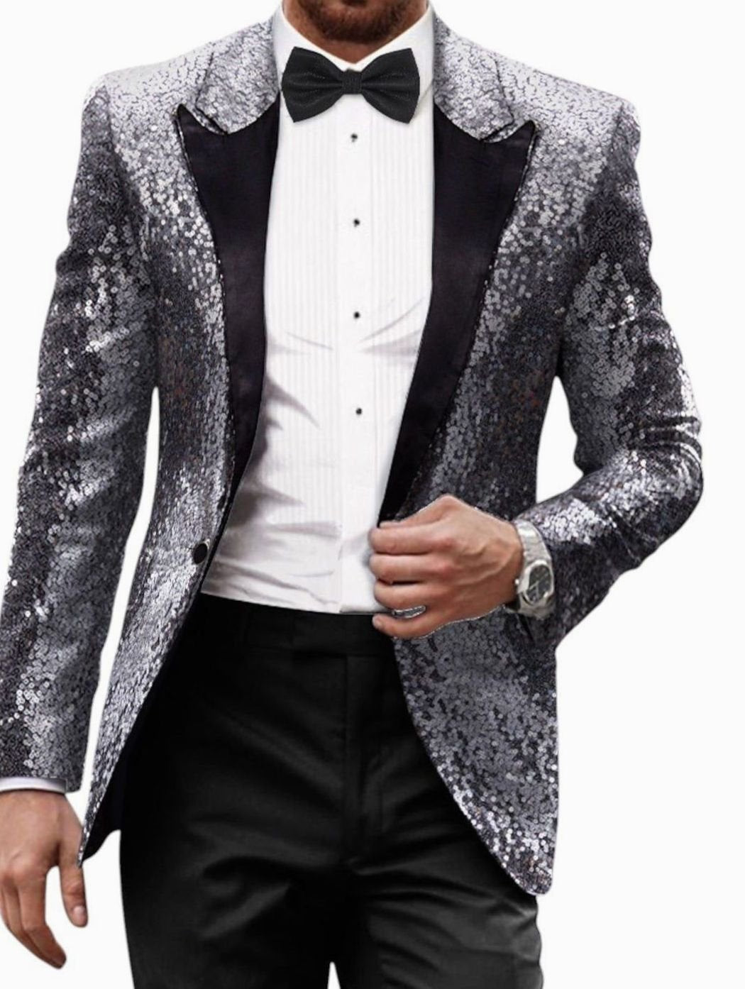 Men's Gold Sequin Peak-Lapel Evening Blazer - Silver