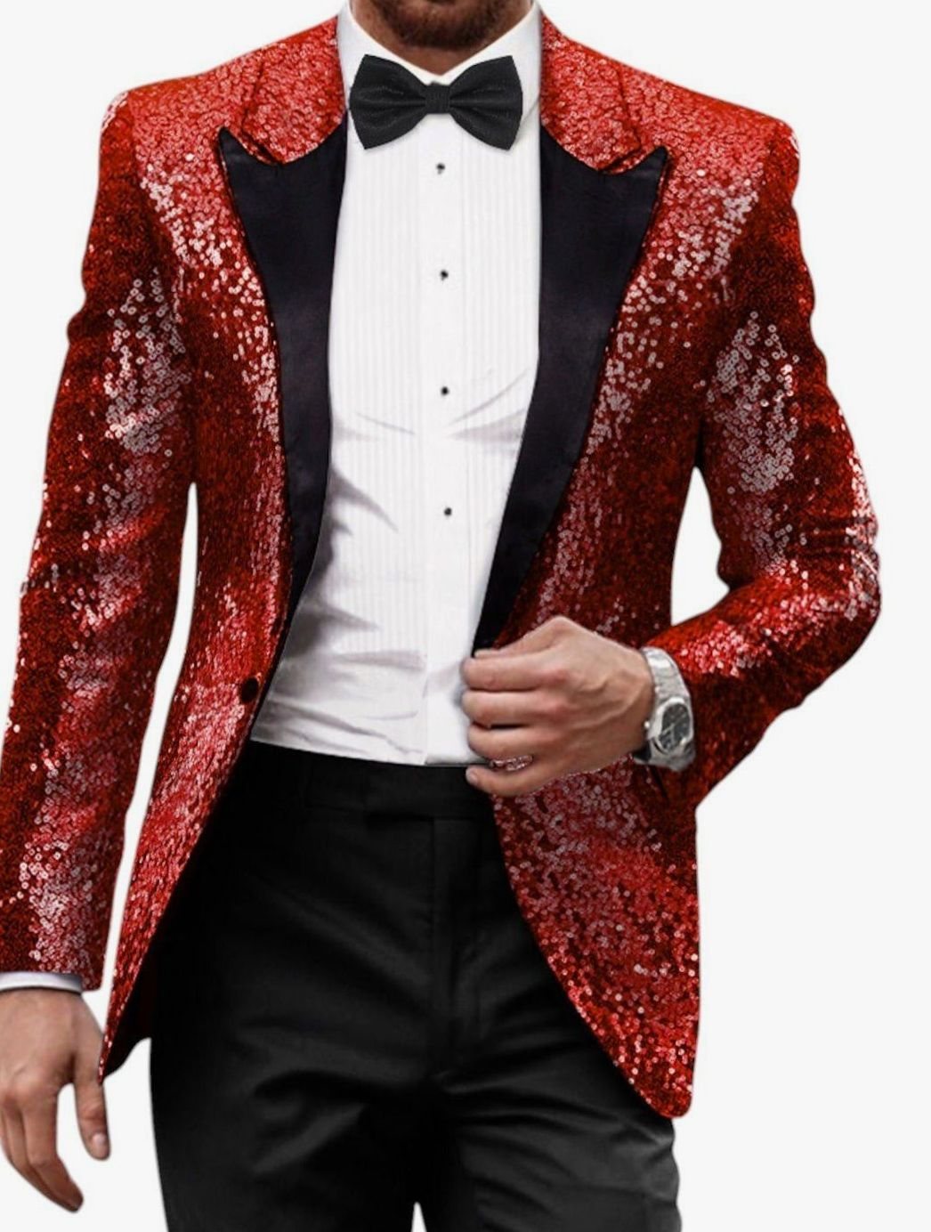 Men's Gold Sequin Peak-Lapel Evening Blazer - Red