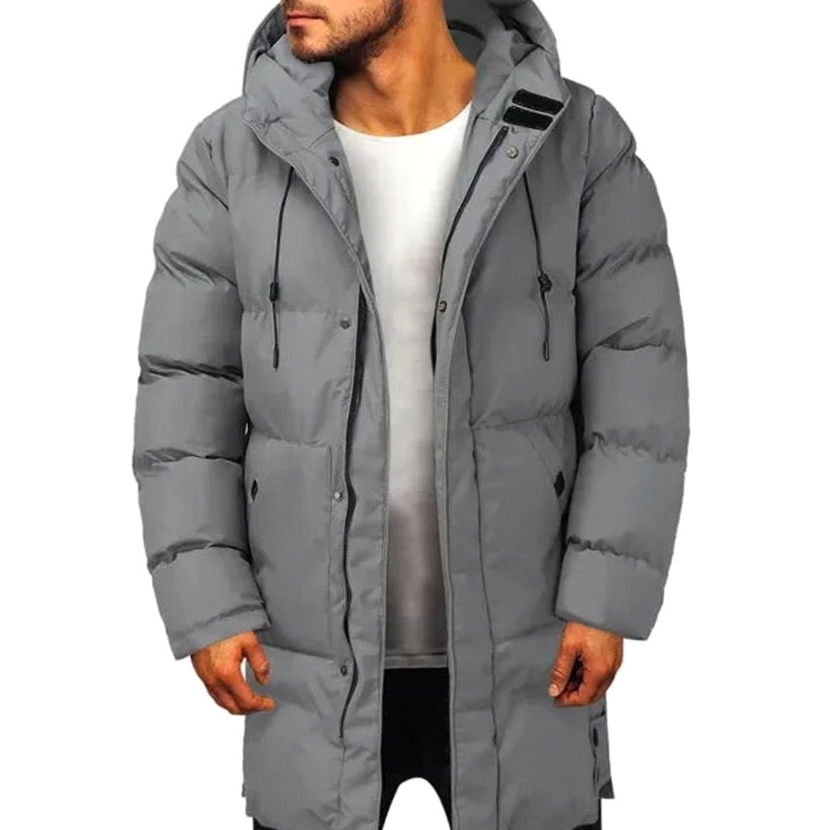 Men's Hooded Long-Line Quilted Puffer Jacket - Grey