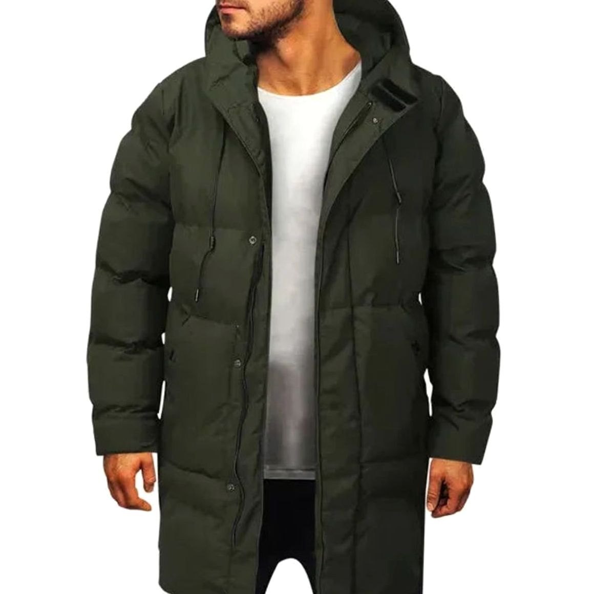 Men's Hooded Long-Line Quilted Puffer Jacket - Dark Green
