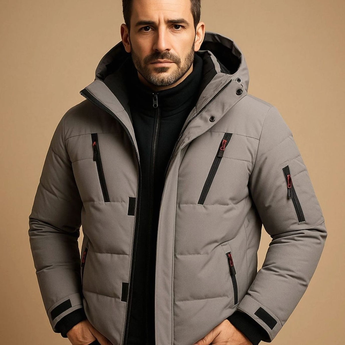 Men's Hooded Quilted Puffer Winter Jacket Full-Zip - Grey