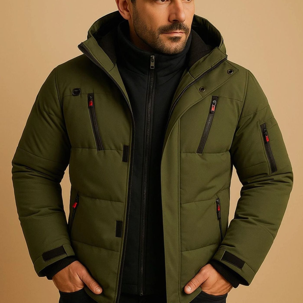 Men's Hooded Quilted Puffer Winter Jacket Full-Zip - Green