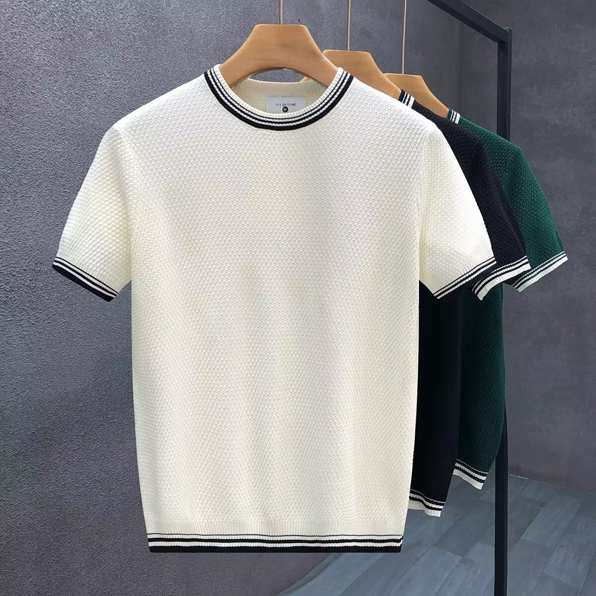 Mens Jumper Relaxed-Fit Cotton Knit Crewneck Contrast Trim - White