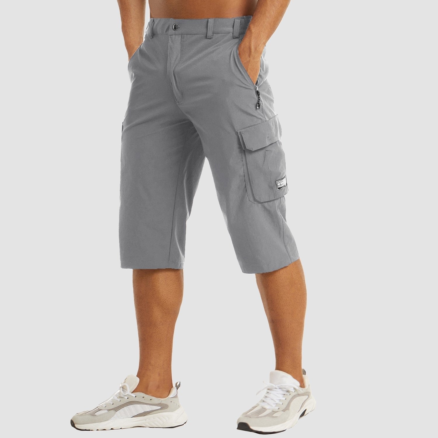 Men's Knee-Length Straight-Leg Cargo Shorts Belt Loop Button Waist - Light Gray
