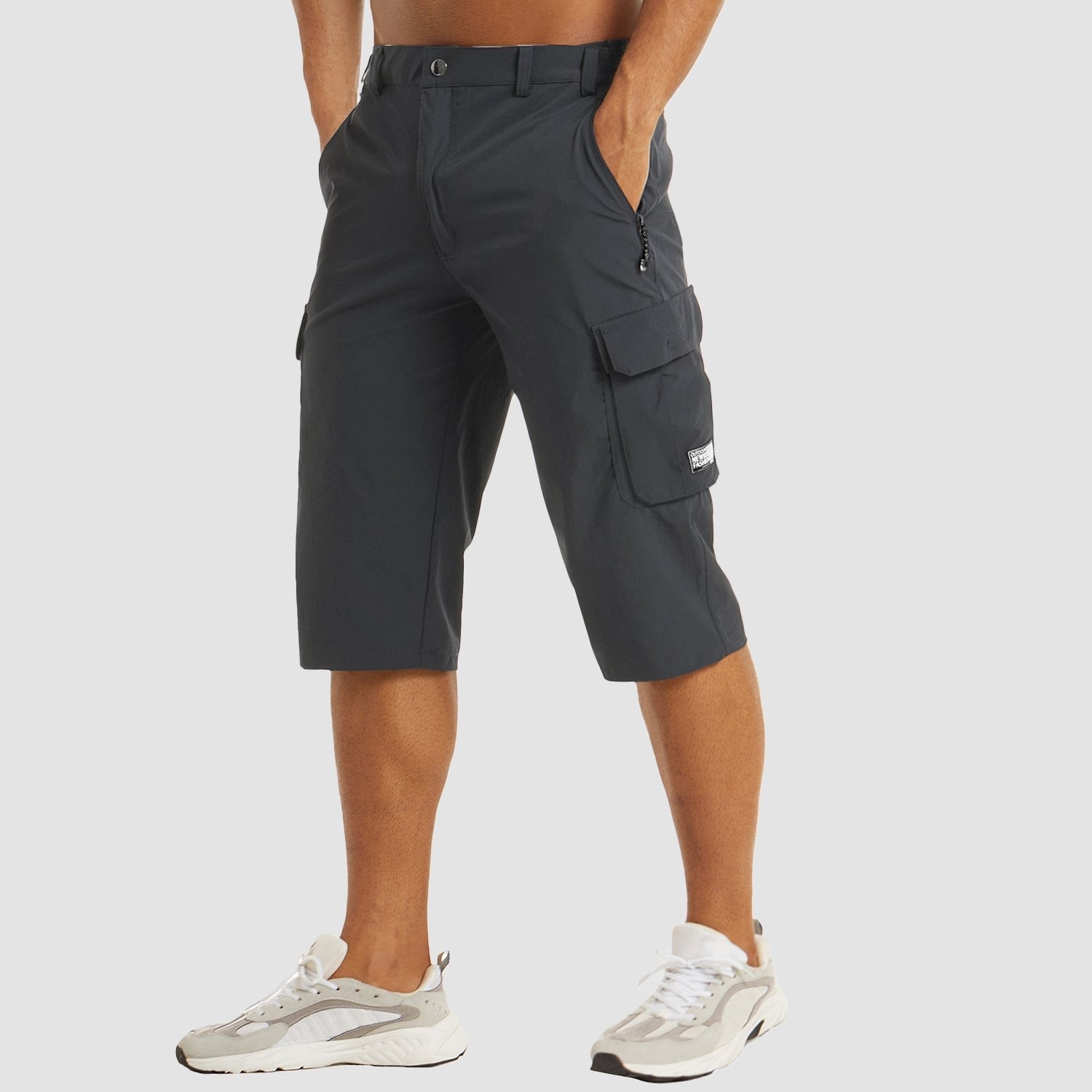 Men's Knee-Length Straight-Leg Cargo Shorts Belt Loop Button Waist - Dark Gray