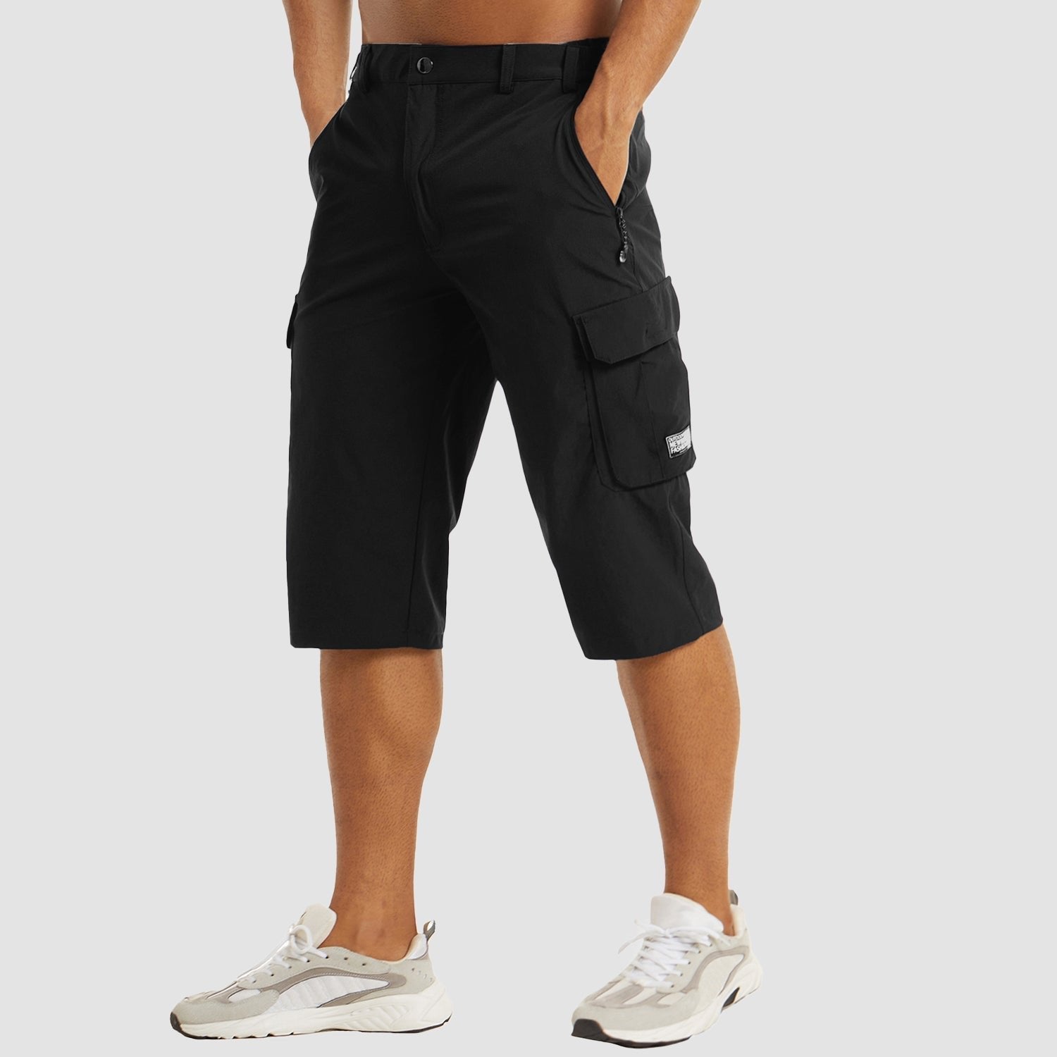 Men's Knee-Length Straight-Leg Cargo Shorts Belt Loop Button Waist - Black