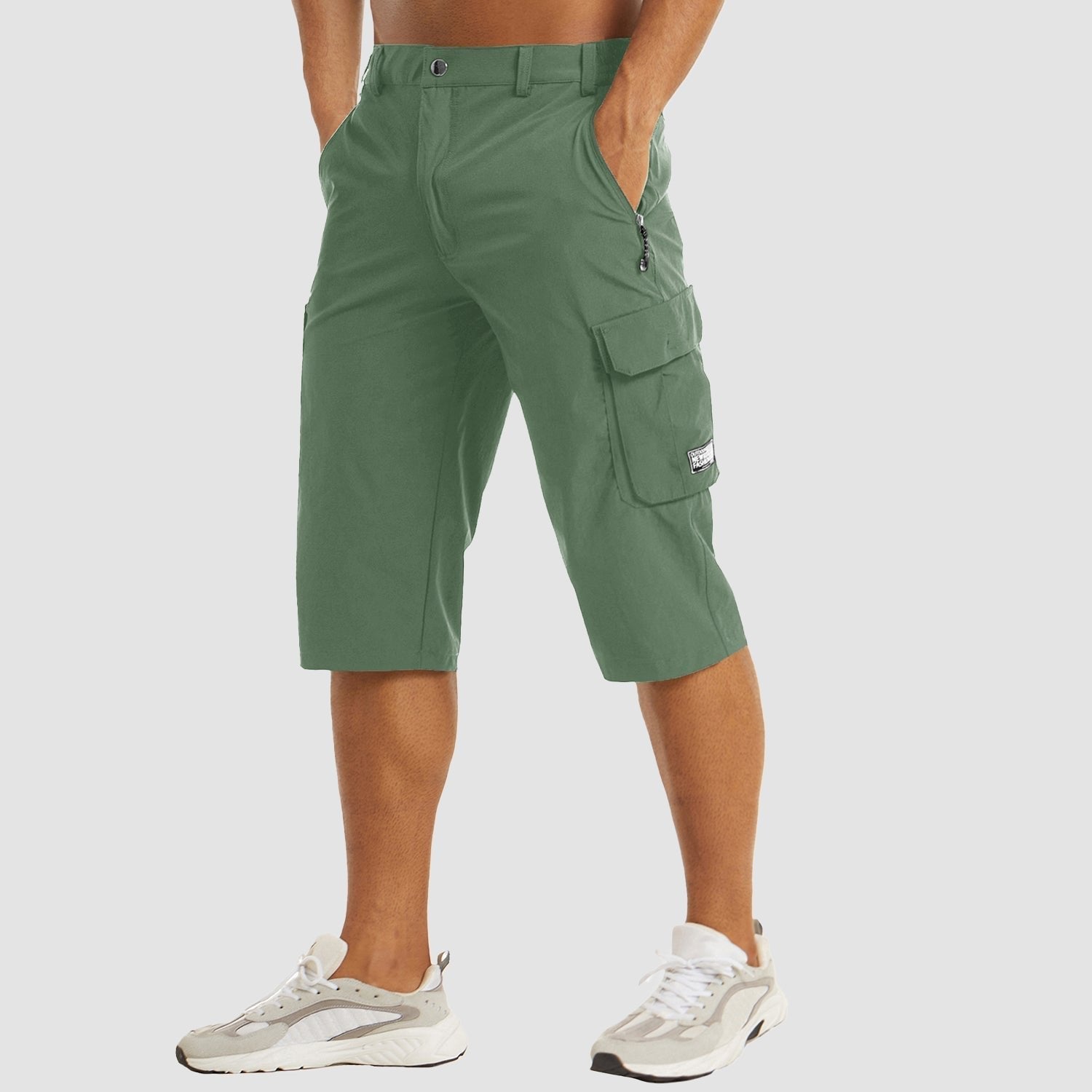 Men's Knee-Length Straight-Leg Cargo Shorts Belt Loop Button Waist - Green