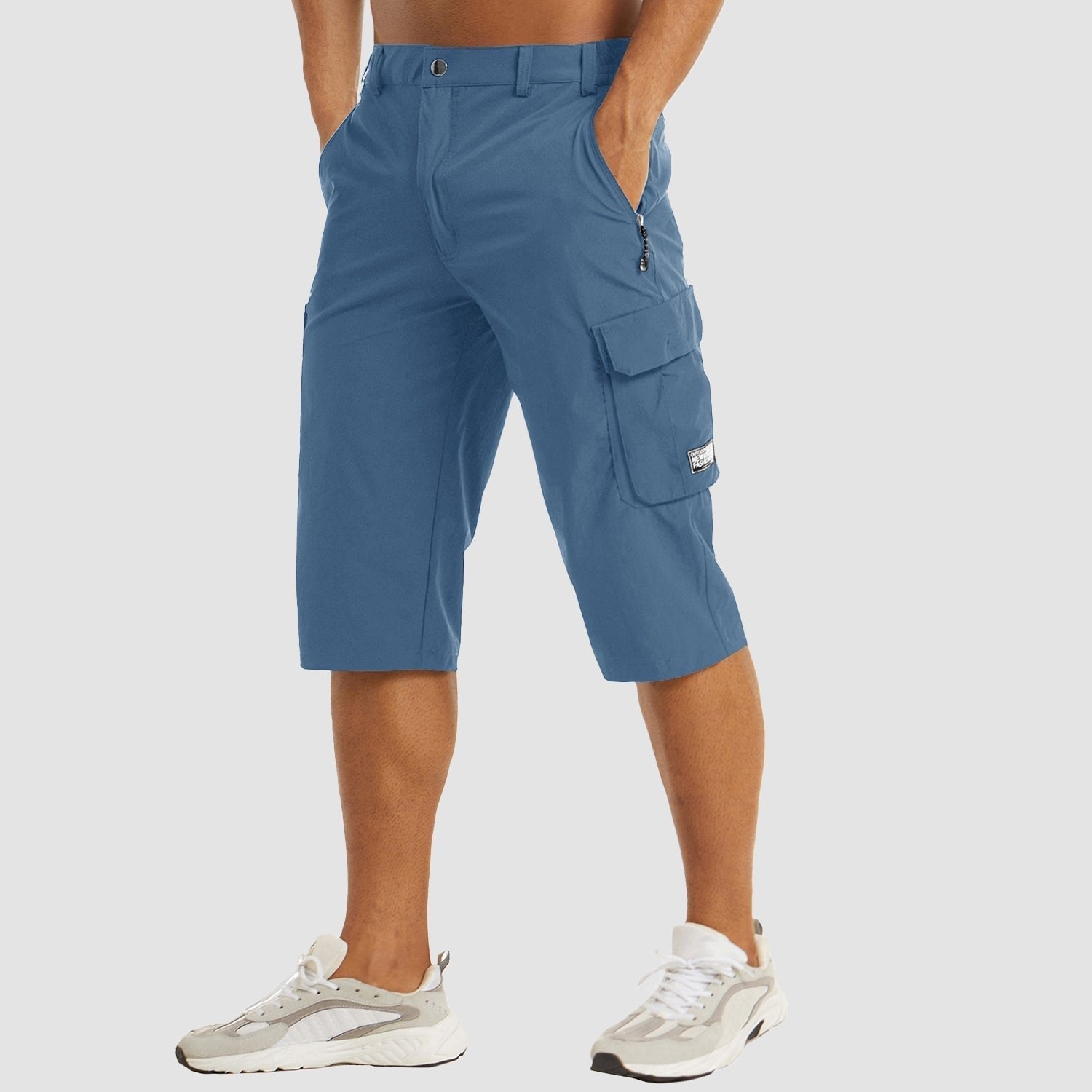 Men's Knee-Length Straight-Leg Cargo Shorts Belt Loop Button Waist - Light Blue