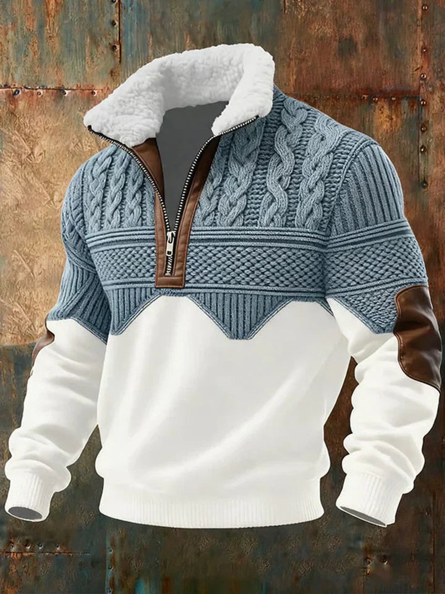 Mens Knit Sweater Half-Zip Colour Block Fleece Collar Pullover