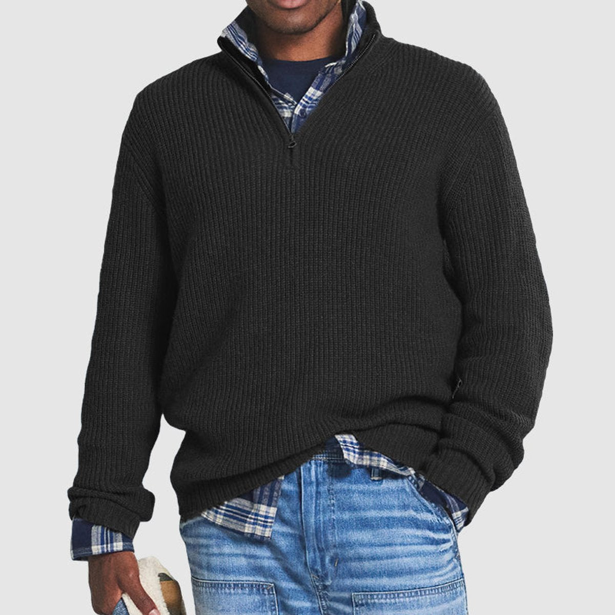 Mens Knit Sweater Quarter-Zip Ribbed Pullover Jumper - Black