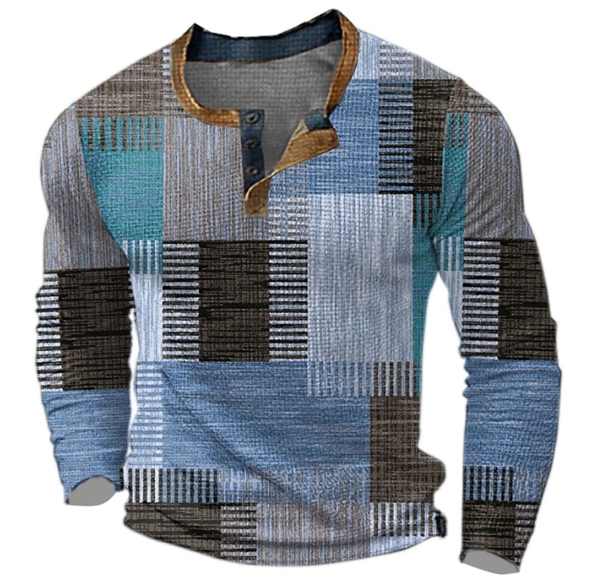 Mens Knit Sweater Retro Colourblock Henley Pullover - Blue
