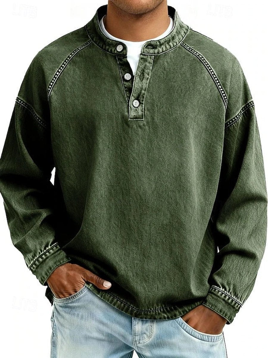 Mens Knit Sweater Retro Henley Long Sleeve Washed Pullover - Dark Green