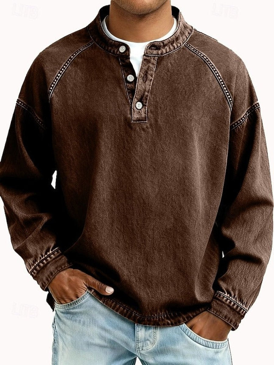 Mens Knit Sweater Retro Henley Long Sleeve Washed Pullover - Brown