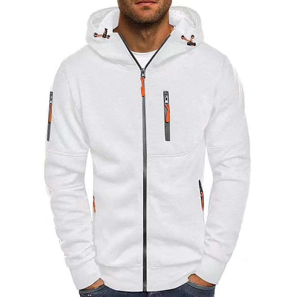 Mens Knit Sweater Zip-Up Hooded Pullover Fleece Hoodie - White