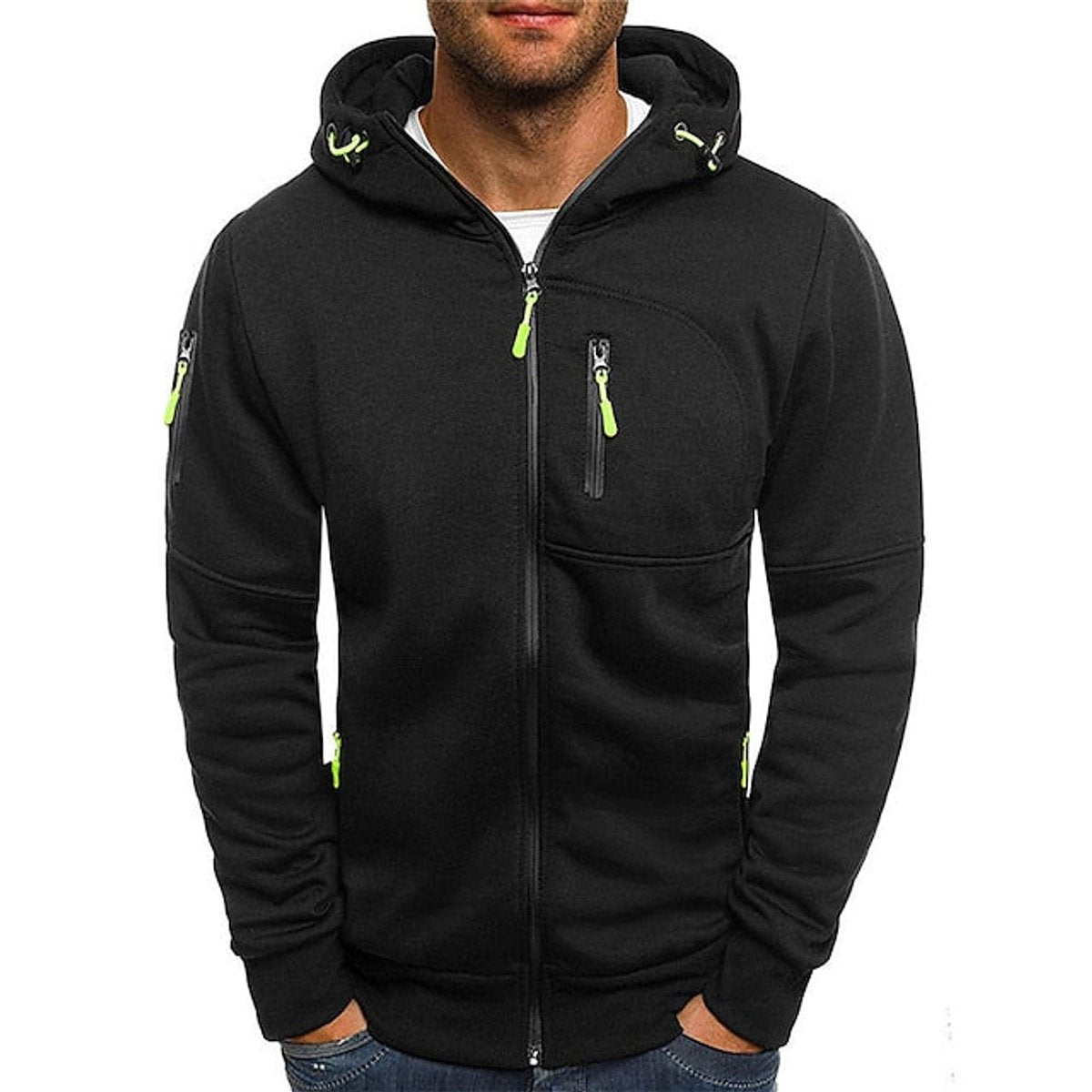 Mens Knit Sweater Zip-Up Hooded Pullover Fleece Hoodie - Black