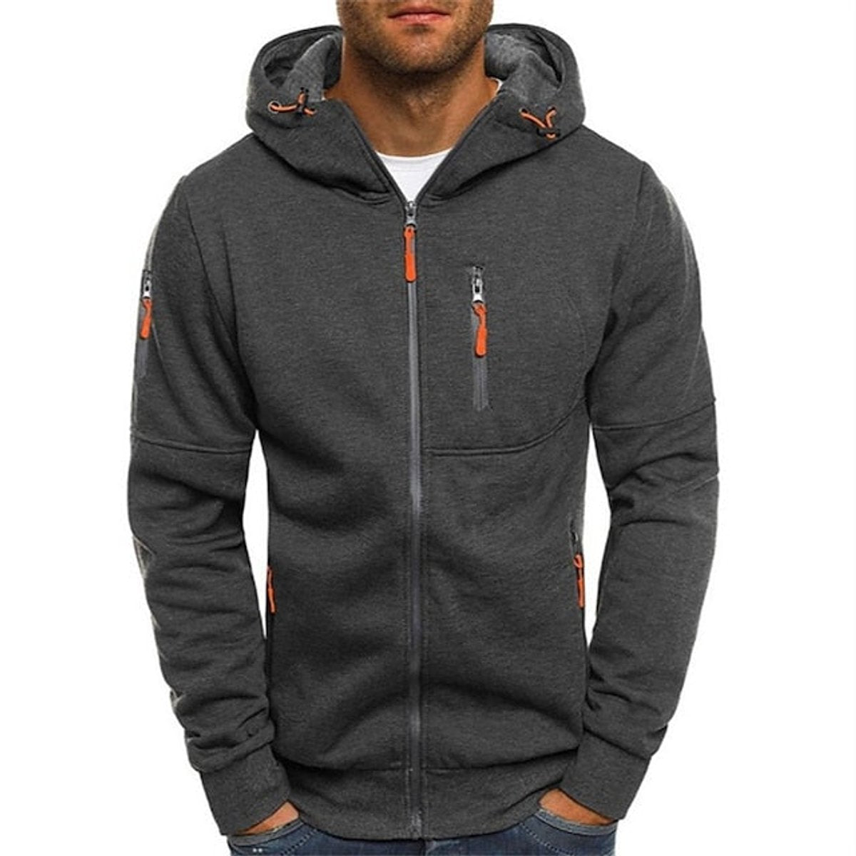 Mens Knit Sweater Zip-Up Hooded Pullover Fleece Hoodie - Dark Grey
