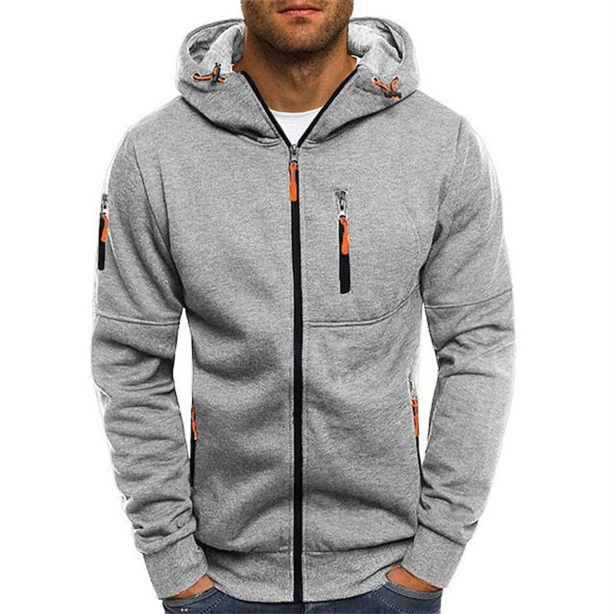 Mens Knit Sweater Zip-Up Hooded Pullover Fleece Hoodie - Light Grey