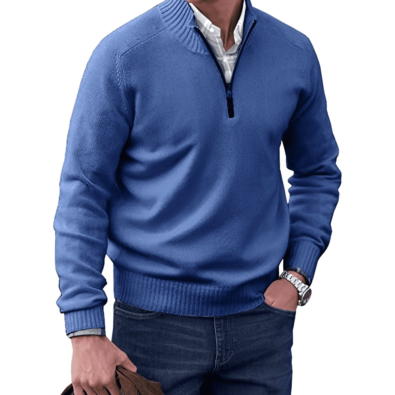 Men's Knitted Half-Zip Pullover Jumper Ribbed Collar - Blue