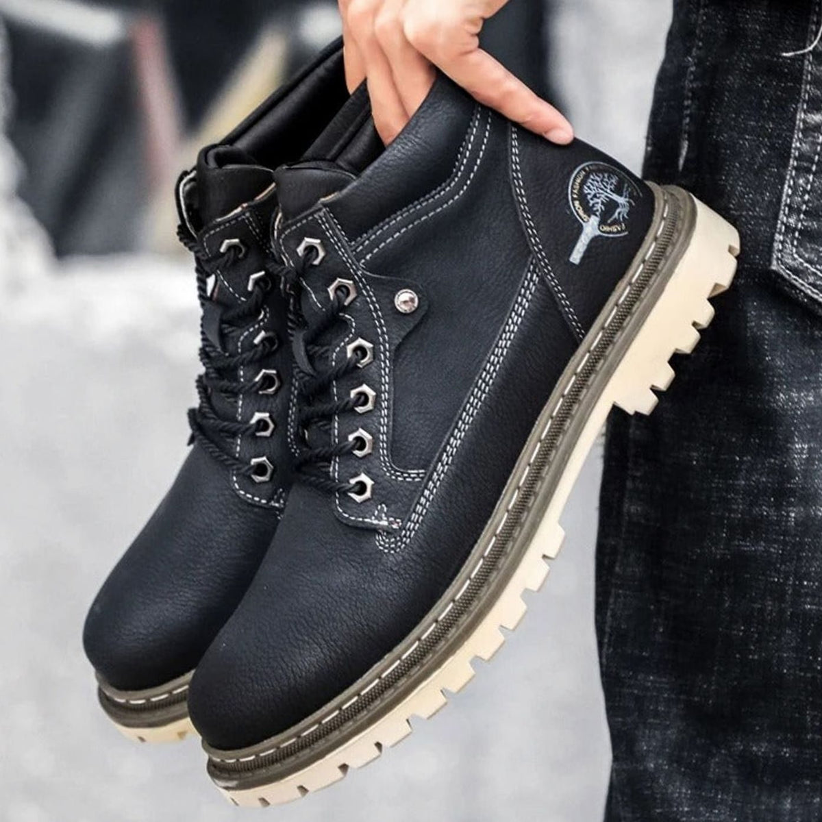 Men's Lace-Up Grain-Textured Rugged Work Boots