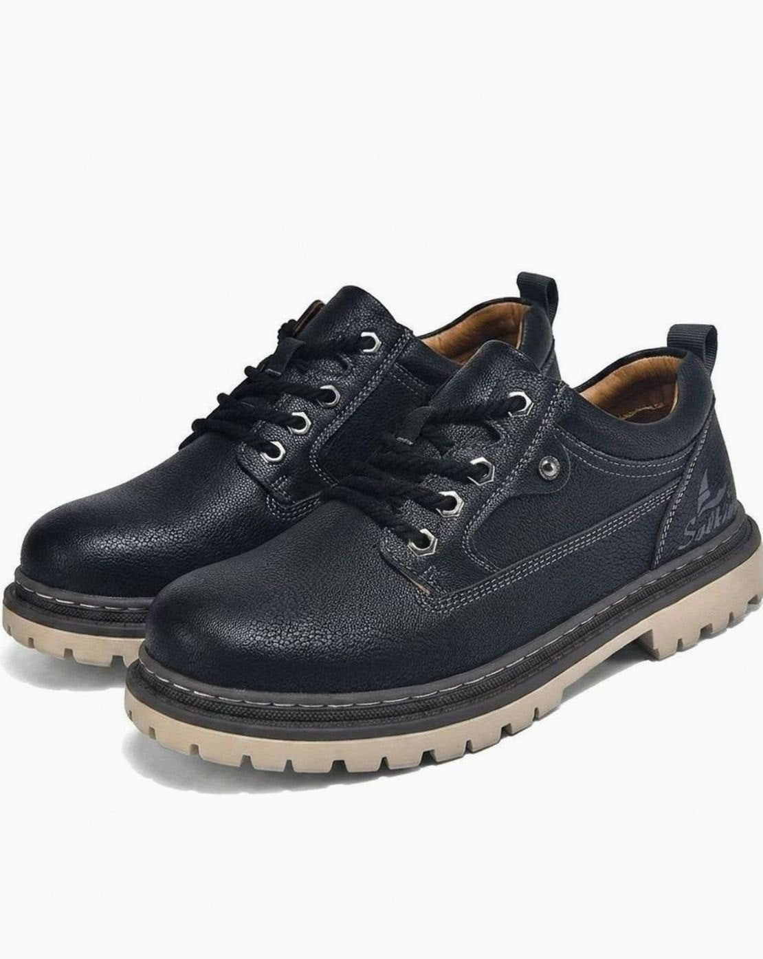 Men's Lace-Up Leather Low-Top Work Boots - Black